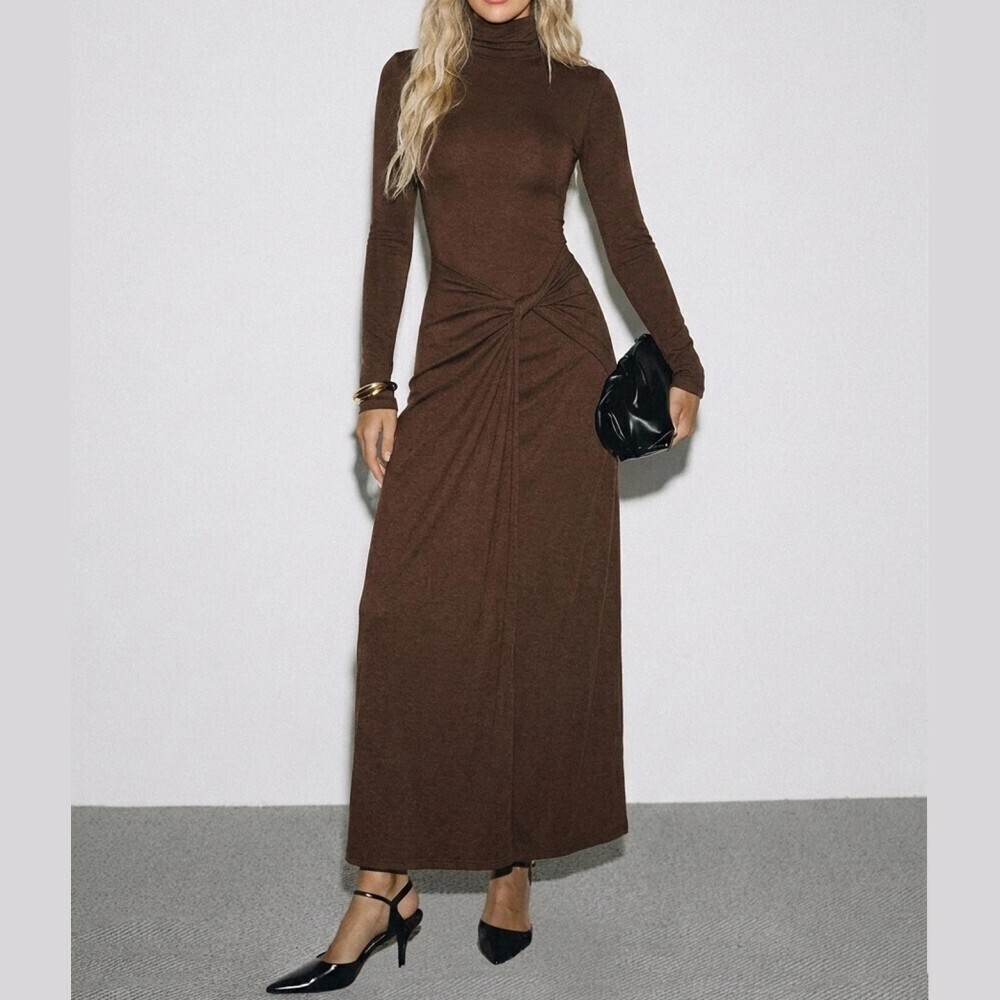 Brown Knit Turtleneck Twist Front Long Sleeve Maxi Dress